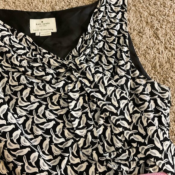 Kate Spade ♠️ Bird Print Sleeveless Draped Neck Midi Dress, Black/White, Size 14 - Picture 4 of 11